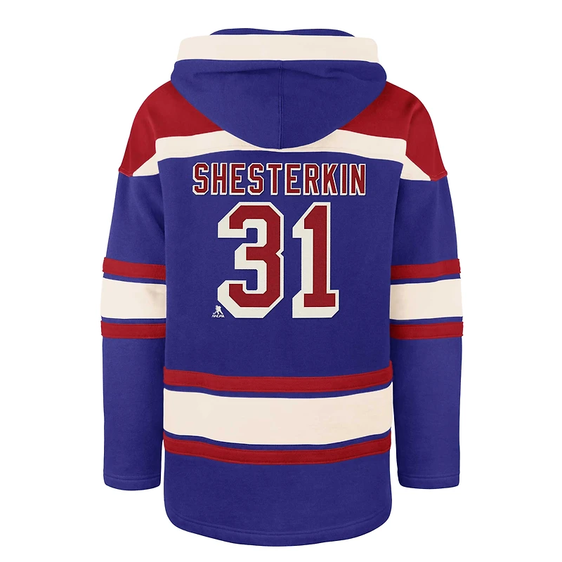 Men's '47 Igor Shesterkin Blue New York Rangers Player Name & Number Lacer Pullover Hoodie