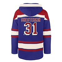 Men's '47 Igor Shesterkin Blue New York Rangers Player Name & Number Lacer Pullover Hoodie