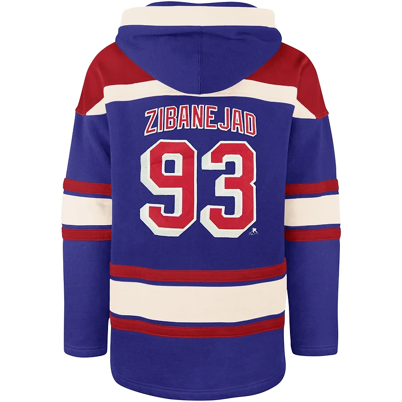 Sweat à capuche '47 Mika Zibanejad Royal New York Rangers pour hommes, nom et numéro de joueur Lacer