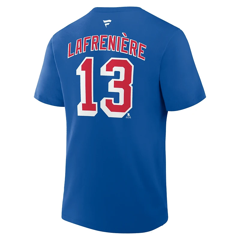 T-shirt bleu authentique avec nom et numéro Stack des Rangers de New York pour hommes Fanatics Alexis Lafreniere