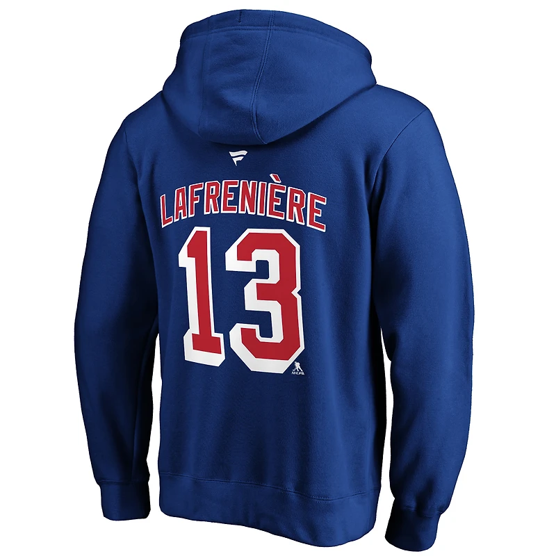 Fanatics pour hommes Alexis Lafrenière Royal New York Rangers Authentique Stack Player Nom et numéro Pull à capuche ajusté