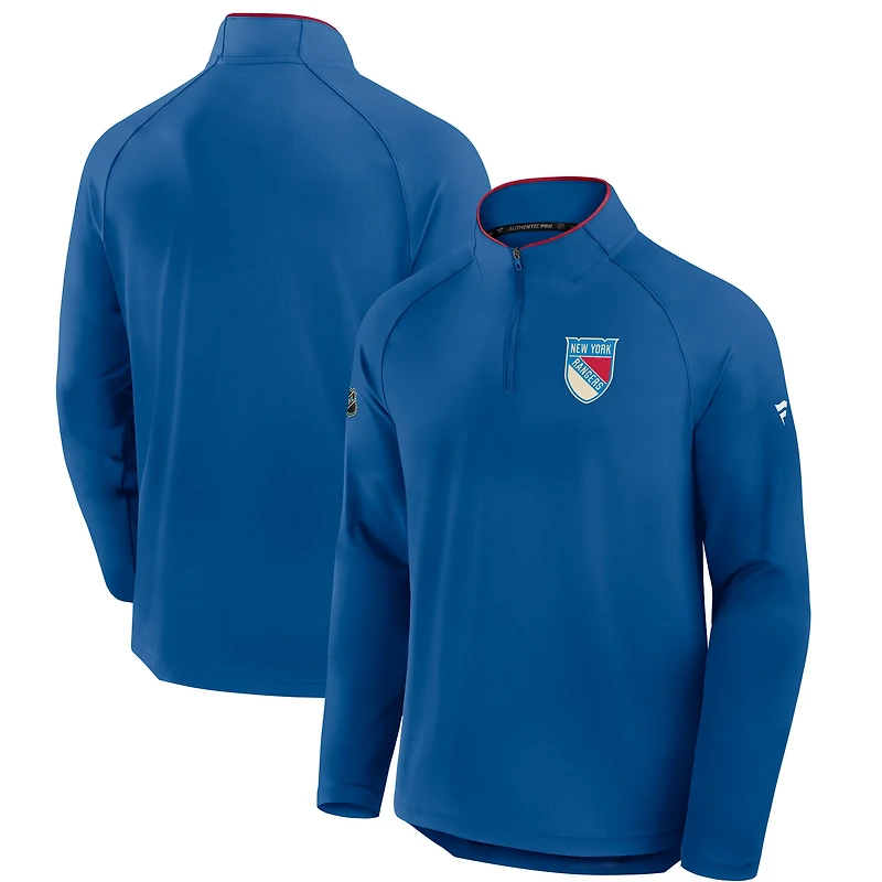 Men's Fanatics Blue New York Rangers Authentic Pro Rink Training Centennial Raglan Quarter-Zip Pullover