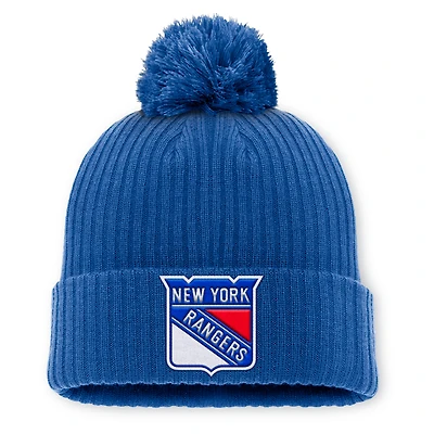 Bonnet en tricot à revers avec logo principal des Rangers de New York bleu Fanatics pour homme et pompon