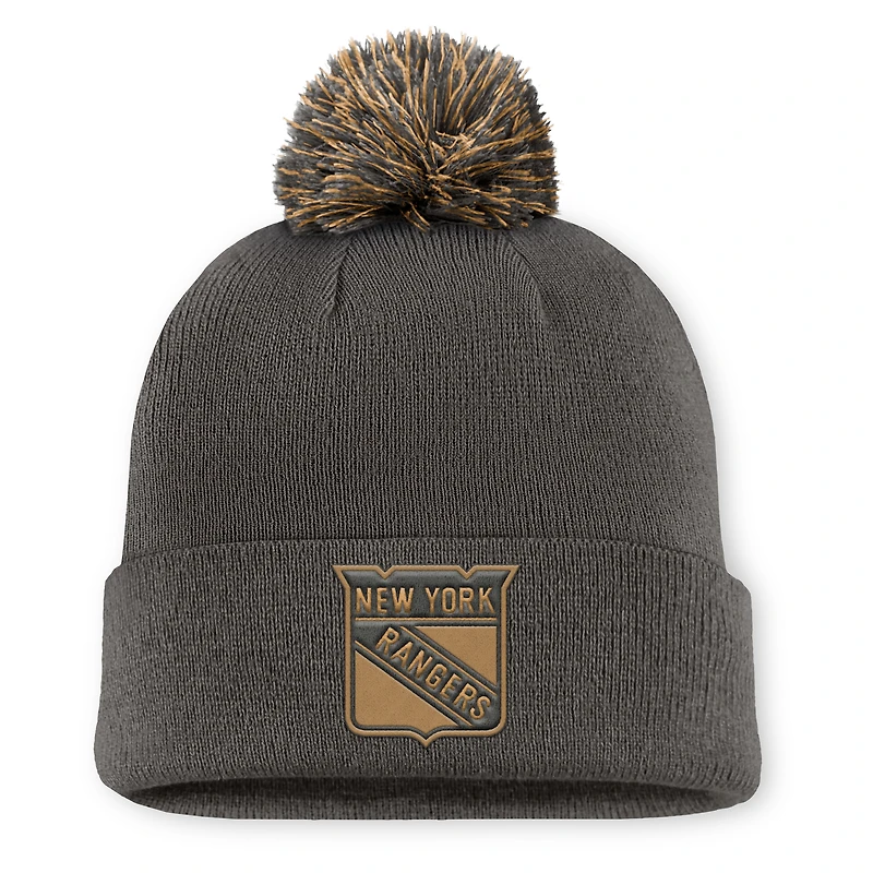 Bonnet en tricot à revers avec pompon, motif authentique militaire des Rangers de New York, couleur charbon Fanatics pour homme