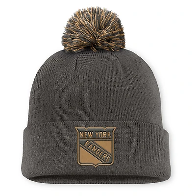 Bonnet en tricot à revers avec pompon, motif authentique militaire des Rangers de New York, couleur charbon Fanatics pour homme