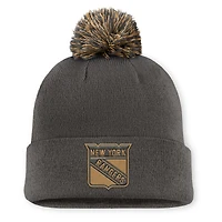 Bonnet en tricot à revers avec pompon, motif authentique militaire des Rangers de New York, couleur charbon Fanatics pour homme
