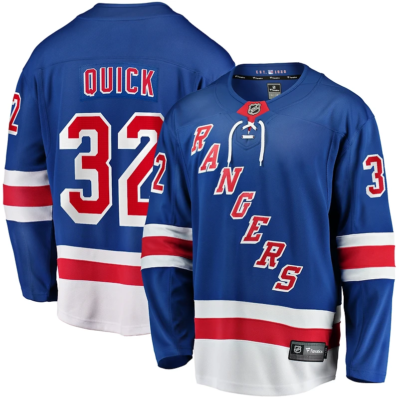 Maillot Fanatics Jonathan Quick pour hommes, bleu, New York Rangers Home Breakaway