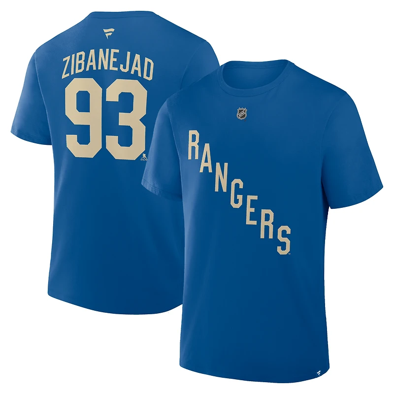 T-shirt bleu authentique Fanatics Mika Zibanejad des Rangers de New York pour homme avec nom et numéro Stack