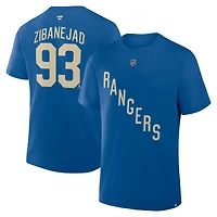 T-shirt bleu authentique Fanatics Mika Zibanejad des Rangers de New York pour homme avec nom et numéro Stack
