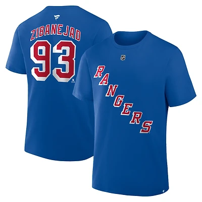 T-shirt bleu authentique Fanatics Mika Zibanejad des Rangers de New York pour homme avec nom et numéro Stack