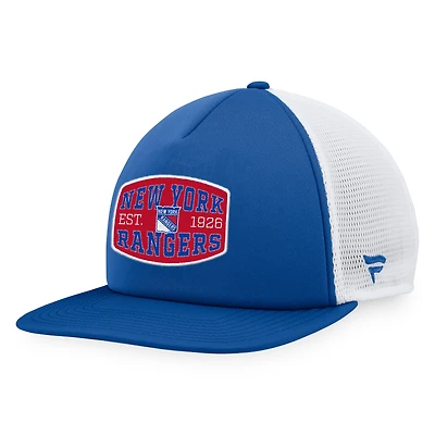 Casquette Snapback de camionneur avec patch en mousse sur le devant en mousse des New York Rangers Fanatics pour hommes, bleu marine/blanc