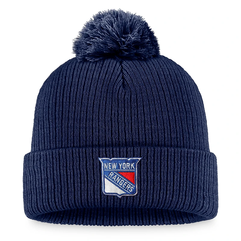 Bonnet en tricot à revers avec logo principal des Rangers de New York pour hommes, bleu marine, avec pompon