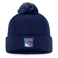 Bonnet en tricot à revers avec logo principal des Rangers de New York pour hommes, bleu marine, avec pompon