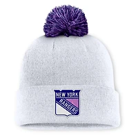 Bonnet en tricot à revers avec pompon pour homme Fanatics White New York Rangers Authentic Pro Hockey Fights Cancer