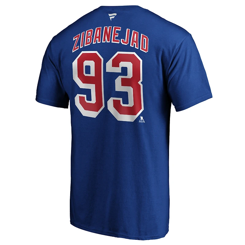 T-shirt bleu authentique pour homme Mika Zibanejad avec nom et numéro de l'équipe des Rangers New York