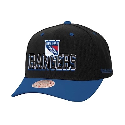 Casquette ajustable Mitchell & Ness New York Rangers noire/bleue avec inscription arrière bicolore Pro Crown pour homme
