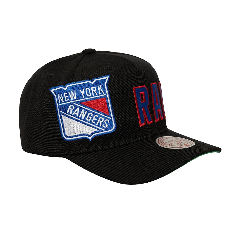 Casquette ajustable Mitchell & Ness noire New York Rangers avec logo Busted et inscription Pro Pinch