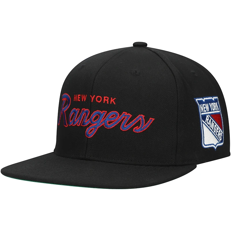 Casquette Snapback noire Mitchell & Ness New York Rangers Core Team Script 2.0 pour hommes