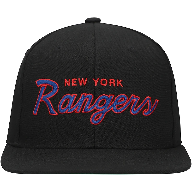 Casquette Snapback noire Mitchell & Ness New York Rangers Core Team Script 2.0 pour hommes