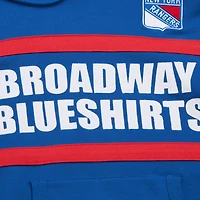 Sweat à capuche bleu Mitchell & Ness avec slogan de l'entraîneur-chef des Rangers New York pour homme