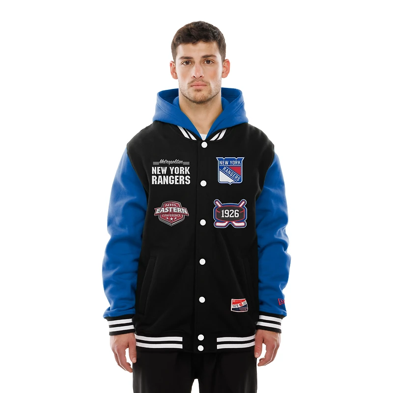 Veste à capuche polaire boutons-pression New Era noire/bleue York Rangers pour homme