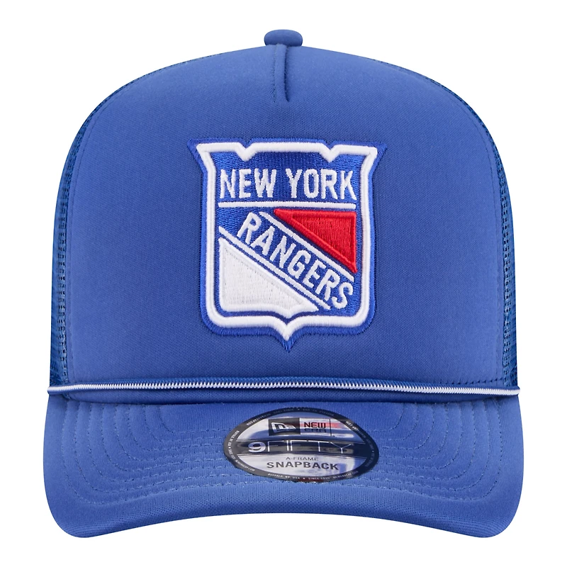 Men's New Era Blue New York Rangers Faded A-Frame 9FIFTY Trucker Snapback Hat