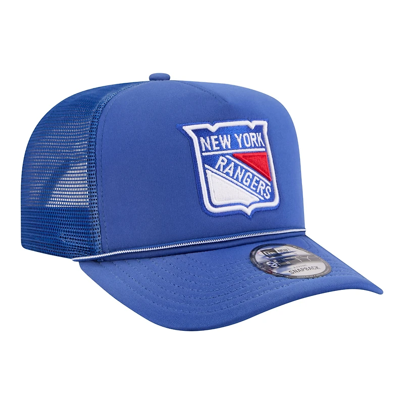 Men's New Era Blue New York Rangers Faded A-Frame 9FIFTY Trucker Snapback Hat