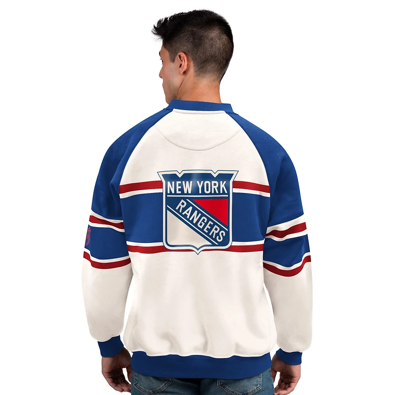 Men's Starter White New York Rangers Defense Fleece Crewneck Sweatshirt