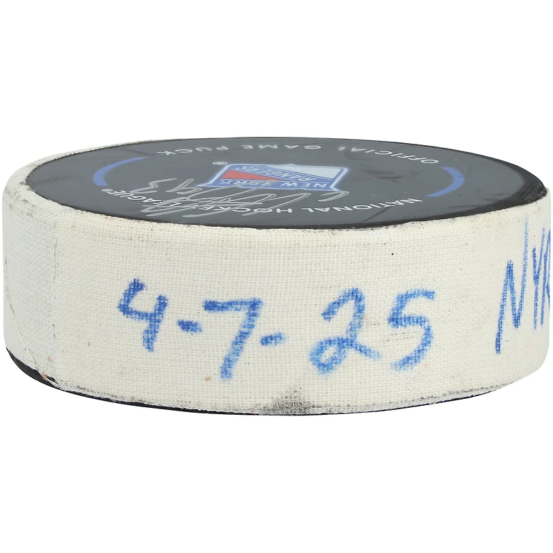 Mika Zibanejad New York Rangers Autographed Game-Used Goal Puck vs. Tampa Bay Lightning on April 7, 2025