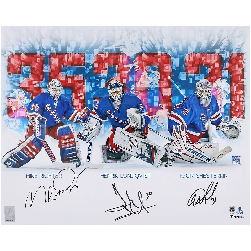 Photographie stylisée autographiée de 16" x 20" de Mike Richter, Henrik Lundqvist et Igor Shesterkin des Rangers de New York