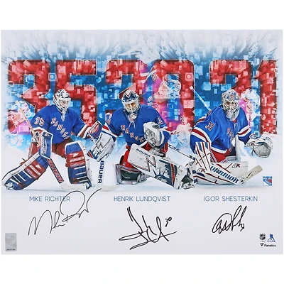 Photographie stylisée autographiée de 16" x 20" de Mike Richter, Henrik Lundqvist et Igor Shesterkin des Rangers de New York