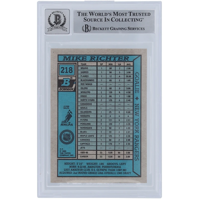 Mike Richter New York Rangers Autographed 1990-91 Bowman #218 Beckett Fanatics Witnessed Authenticated 10 Rookie Card