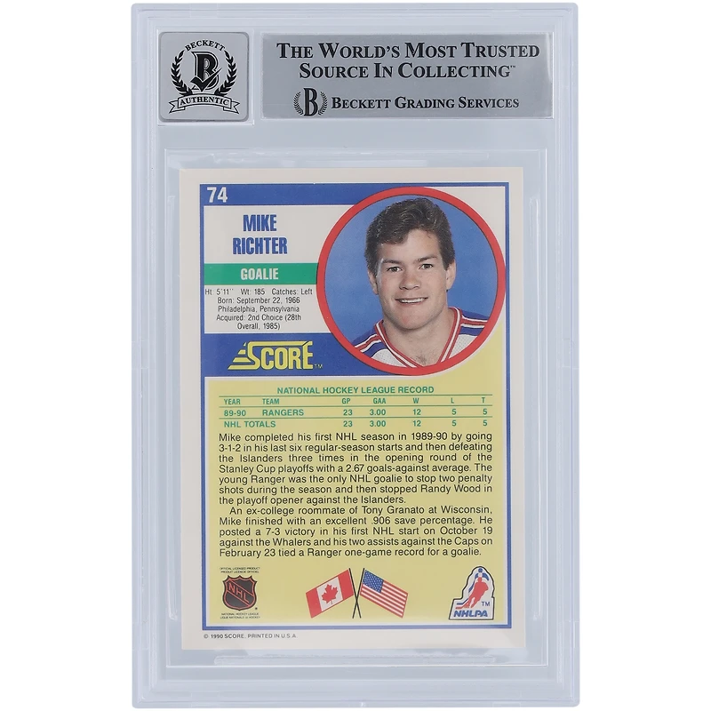 Mike Richter New York Rangers Autographed 1990-91 Score #74 Beckett Fanatics Witnessed Authenticated 9/10 Rookie Card with "LAST TO WEAR #35" Inscription