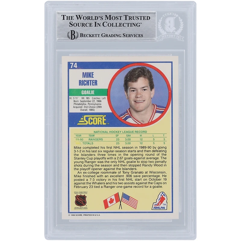 Carte de recrue authentifiée signée par Mike Richter des Rangers de New York Score #74 de Beckett Fanatics de 1990-91 avec l'inscription "LAST TO WEAR #35"