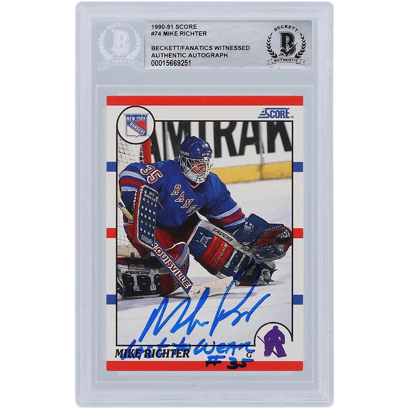 Carte de recrue authentifiée signée par Mike Richter des Rangers de New York Score #74 de Beckett Fanatics de 1990-91 avec l'inscription "LAST TO WEAR #35"