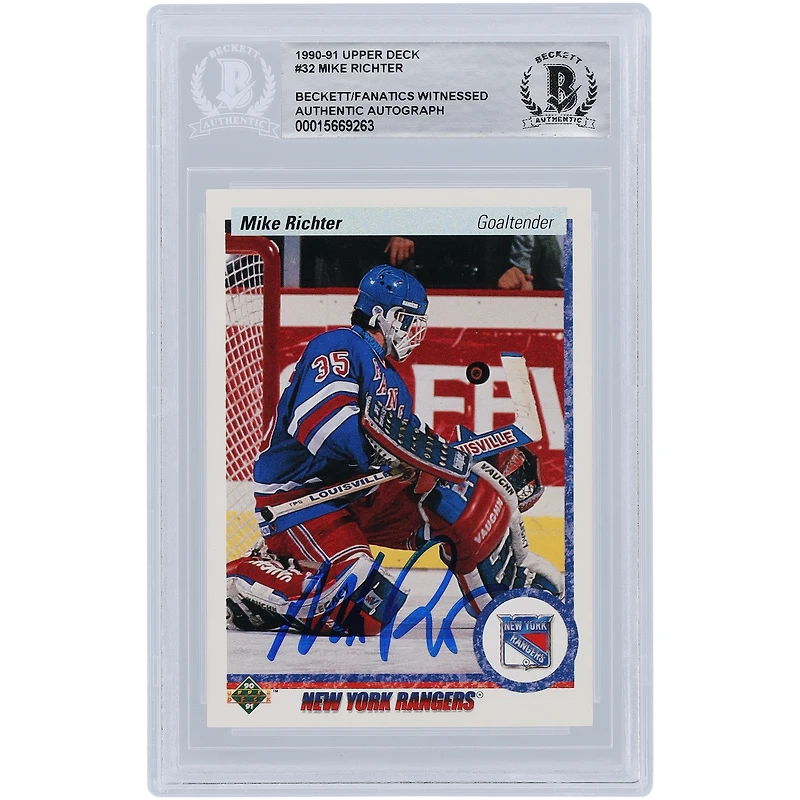 Carte de recrue authentifiée dédicacée par Mike Richter des Rangers de New York 1990-91 Upper Deck #32 Beckett Fanatics