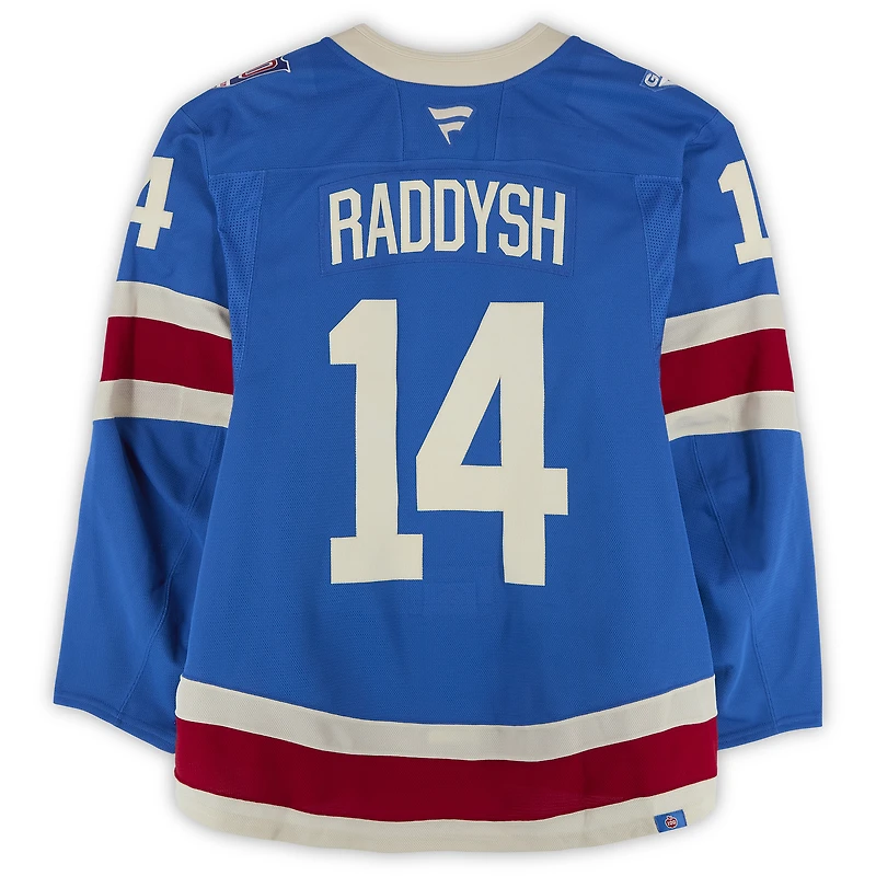 Maillot bleu n° 14 des Rangers de New York, porté par Taylor Raddysh lors de plusieurs matchs entre le 20 octobre et le 16 novembre 2025 (série Centennial 1).