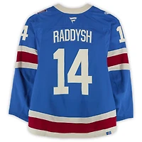 Maillot bleu n° 14 des Rangers de New York, porté par Taylor Raddysh lors de plusieurs matchs entre le 20 octobre et le 16 novembre 2025 (série Centennial 1).