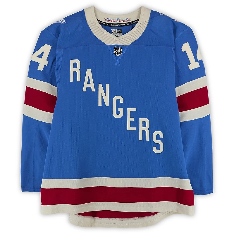 Maillot bleu n° 14 des Rangers de New York, porté par Taylor Raddysh lors de plusieurs matchs entre le 20 octobre et le 16 novembre 2025 (série Centennial 1).