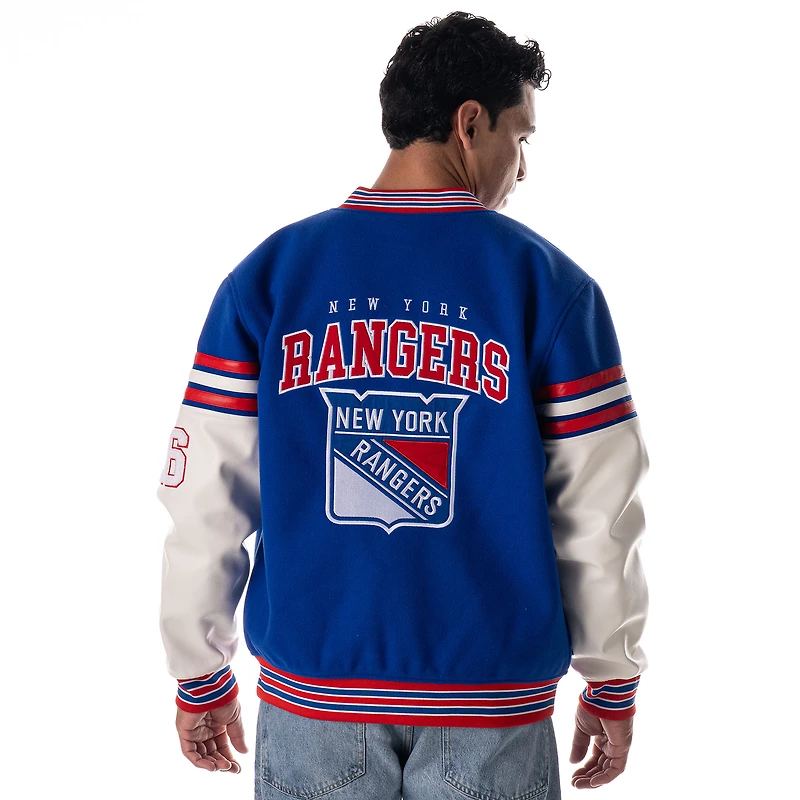 Veste universitaire unisexe bleue The Wild Collective New York Rangers à épaules tombantes et boutons-pression