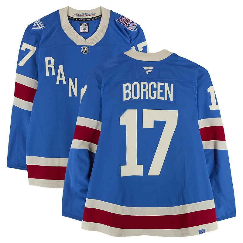 Maillot bleu du centenaire porté par Will Borgen (New York Rangers) lors du match n° 17 contre les Bruins de Boston le 26 janvier 2026