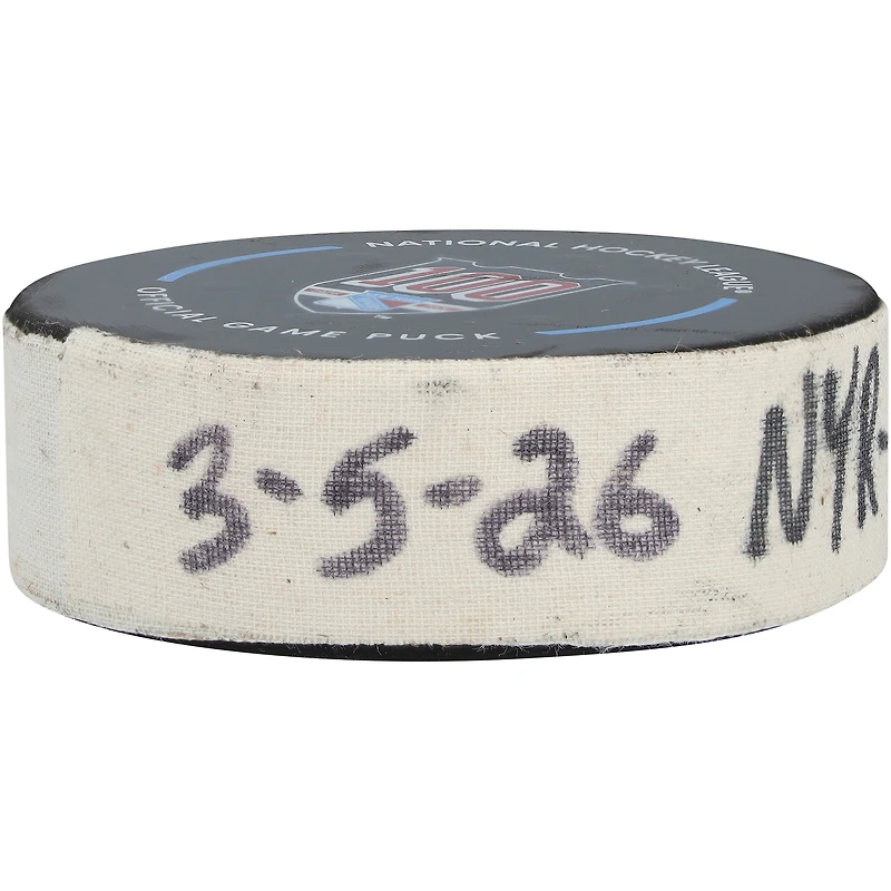 Rondelle de but utilisée par Will Cuylle, des Rangers de New York, le 5 mars 2026 contre les Maple Leafs de Toronto - Deuxième des deux buts marqués