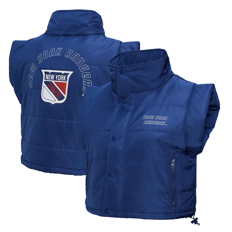 Gilet matelassé court entièrement zippé bleu des Rangers de New York Mitchell & Ness pour femme