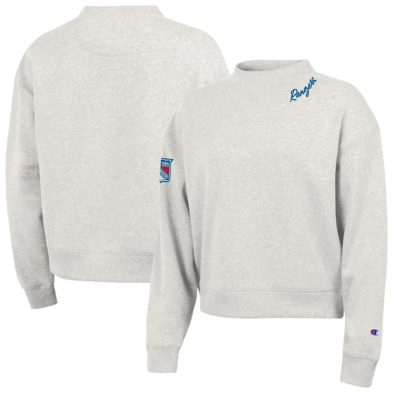 Women's Champion Oatmeal New York Rangers Collar Script Triumph Fleece Crewneck Sweatshirt