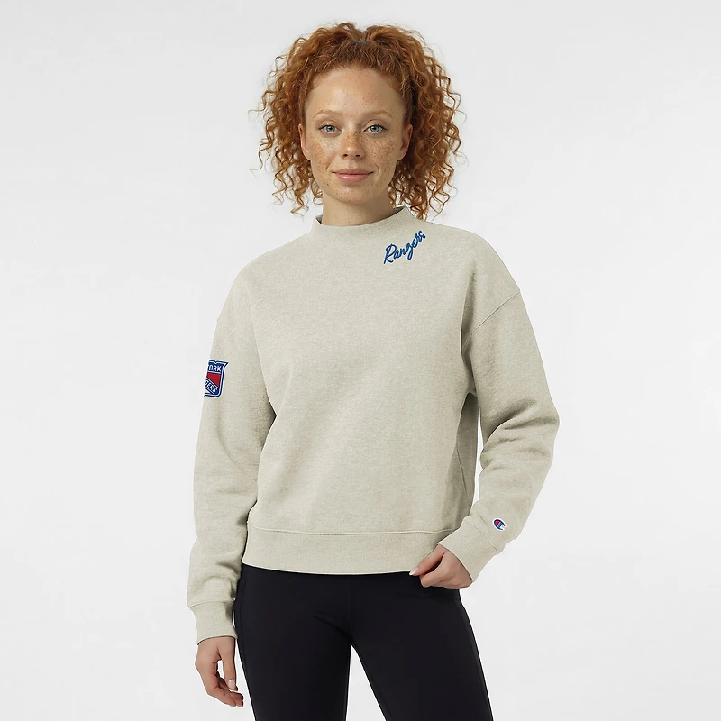 Women's Champion Oatmeal New York Rangers Collar Script Triumph Fleece Crewneck Sweatshirt