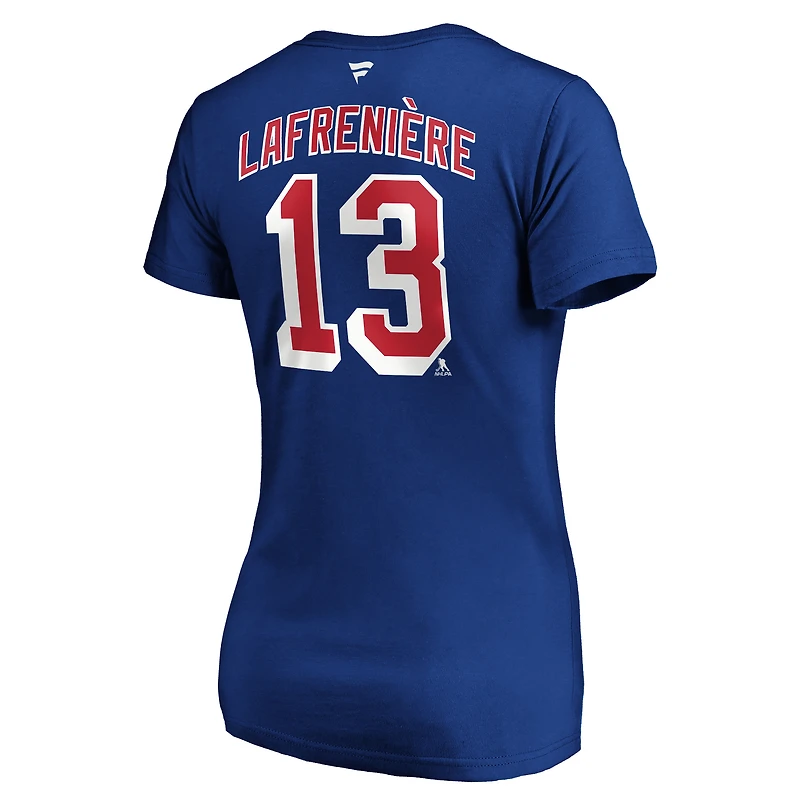 Fanatics pour femmes Alexis Lafrenière - T-shirt bleu à col en V avec nom et numéro de grande taille des Rangers New York