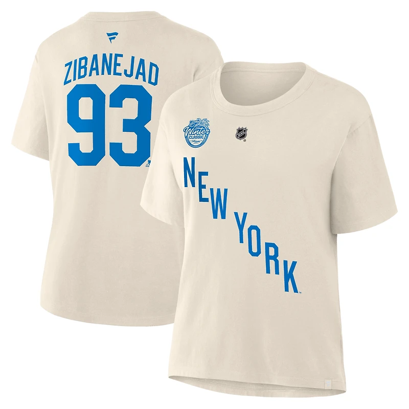 Women's Fanatics Mika Zibanejad Beige New York Rangers 2026 NHL Winter Classic Authentic Stack Name & Number T-Shirt