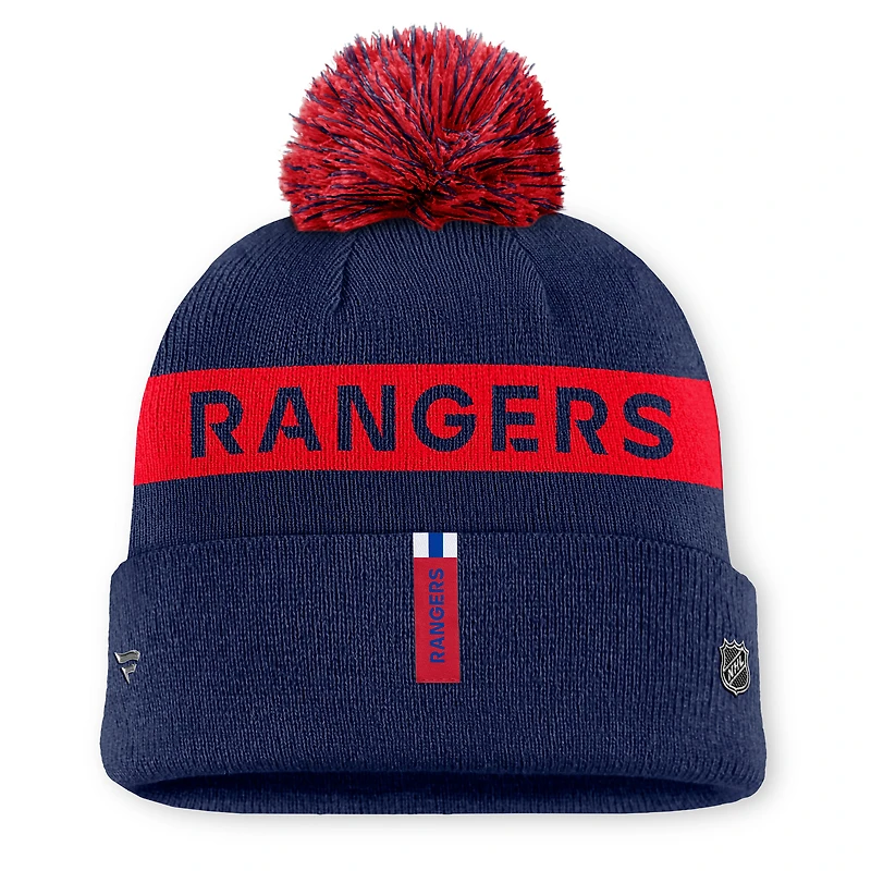 Bonnet en tricot à revers avec pompon pour femme Fanatics New York Rangers Authentic Pro Rink bleu marine/rouge