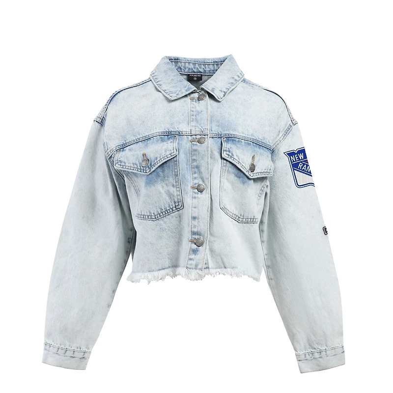 Veste en jean courte boutonnée à bords francs chenille des New York Rangers, collection Hype and Vice Denim pour femmes
