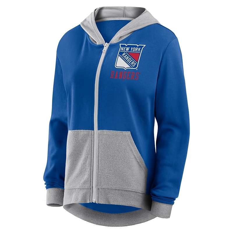 Sweat à capuche zippé en molleton French Terry bleu athlétique avec logo des Rangers de New York pour femme